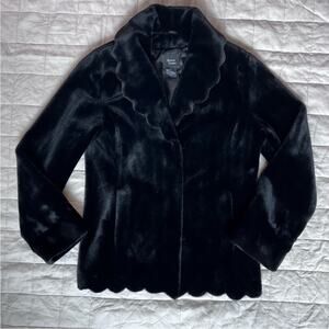 Vintage Black Faux Fur Dressy Over Coat w/ Scallop Details Mob Wife - Medium